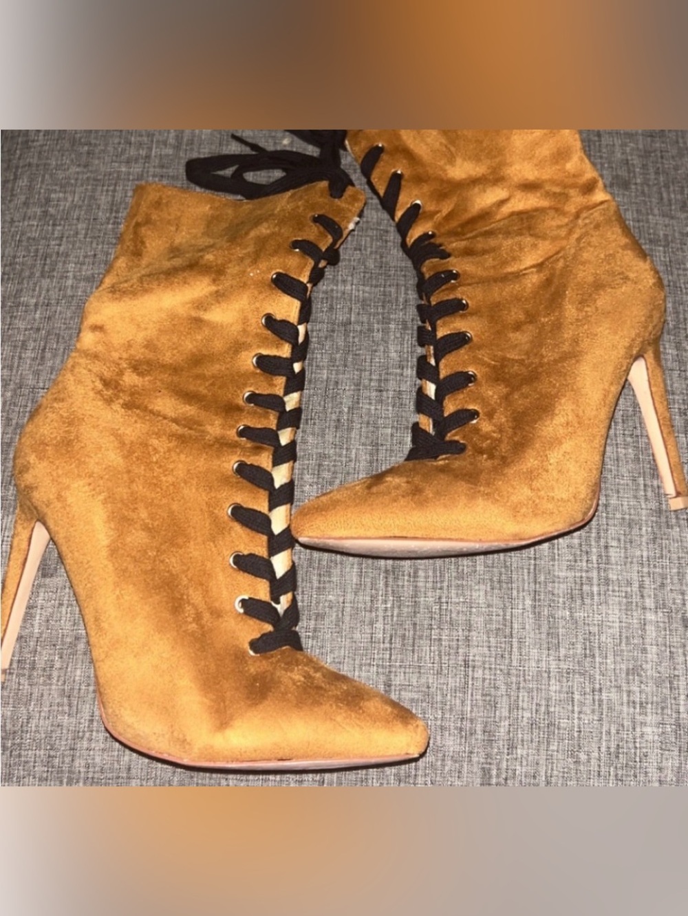 Miss Lola Camel Suede Lace-Up Stiletto Boots with Black Laces